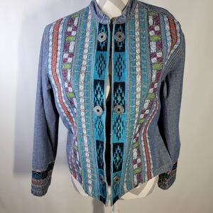 Chicos Denim Embroidered Open Front Jacket Size 1/size 8